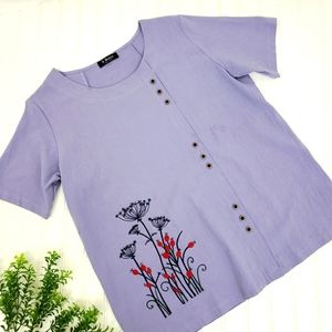 E Retro Top Purple Floral Embroidered Shirt Lagenlook Cotton size Medium